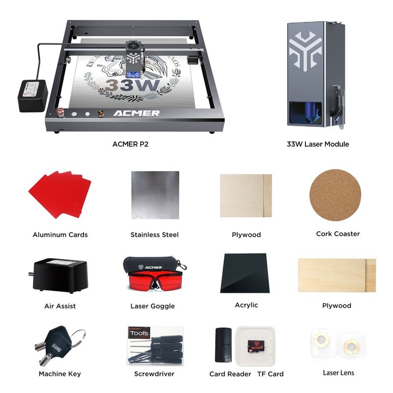 ACMER P2 33W Laser Engraver Cutting Machine, Wood Desktop Laser Engraver And Cutter High Speed 30000mm/min