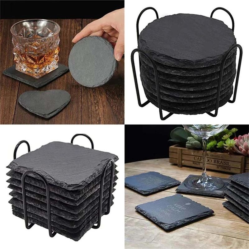 Slate Stone Drink Coasters Black Natural Edge Slate Stone Plate For Bar And Home