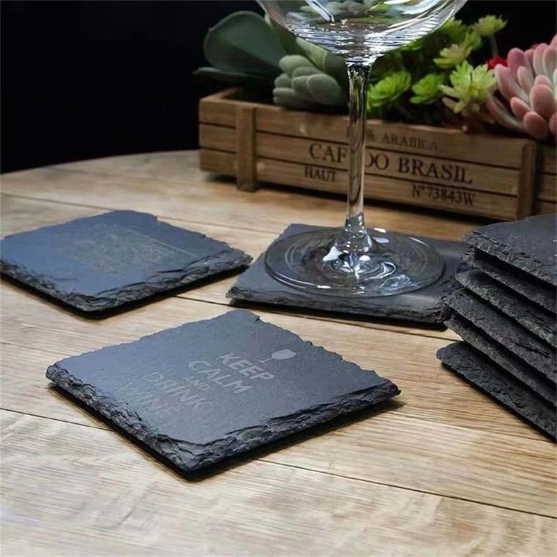 Custom Stone Drink Coasters Black Natural Edge Slate Stone Plate For Bar And Home